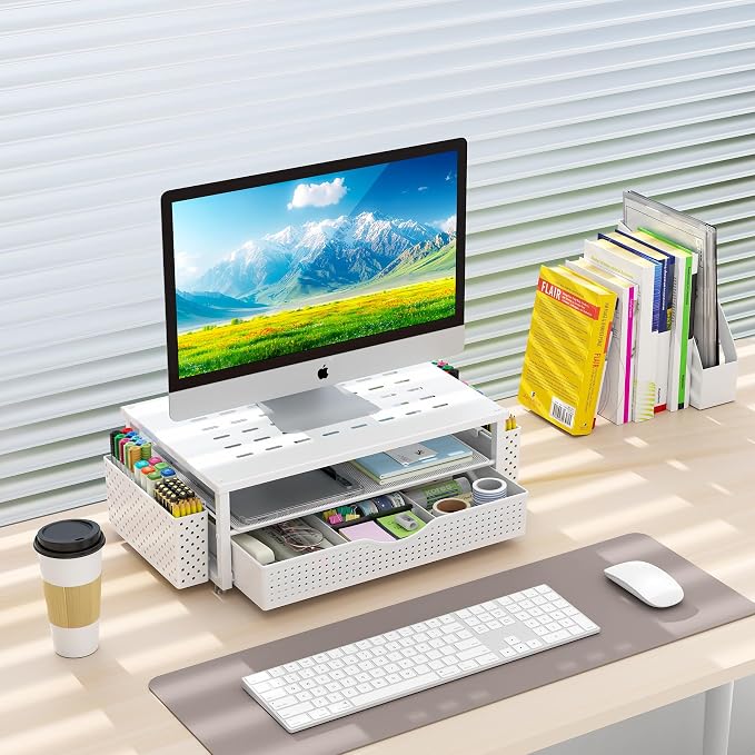 gianotter Desk Organizers and Accessories, Monitor Stand with Drawer and 2 Pen Holder, Desktop Organizer Suitable for Offices and Dormitories (White)
