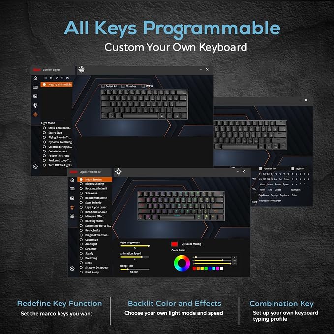RK ROYAL KLUDGE RK61 60% Mechanical Keyboard with Coiled Cable, 2.4Ghz/Bluetooth/Wired, Bluetooth 61 Keys, Wireless RGB Hot Swappable Brown Switch Gaming Mini Keyboard with Software - White