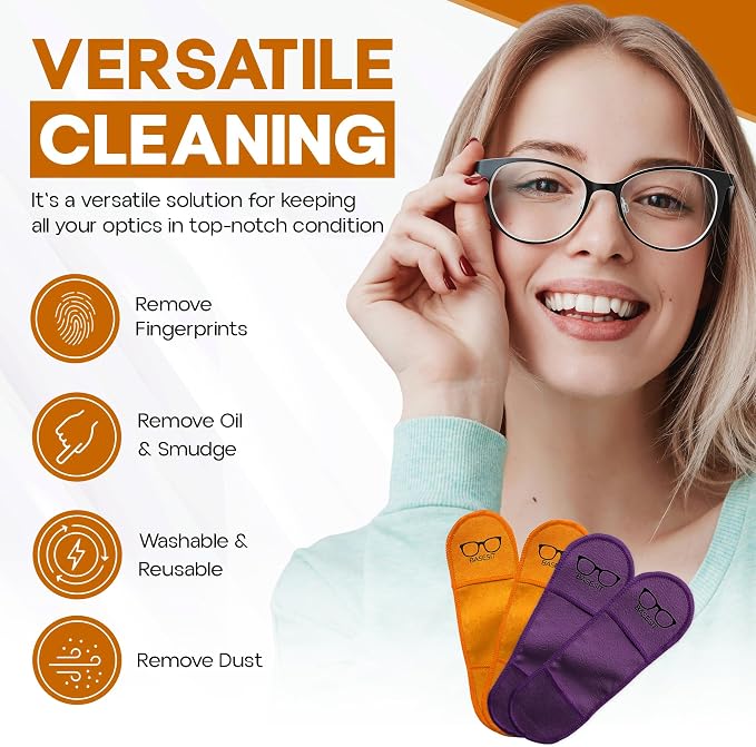 Finger Grip Eyeglass Cleaner (4 Pack) – Premium Microfiber Glasses Cleaning Cloth for Eyeglasses, Sunglasses, Phone Screen & Camera Lens (Orange/Purple)