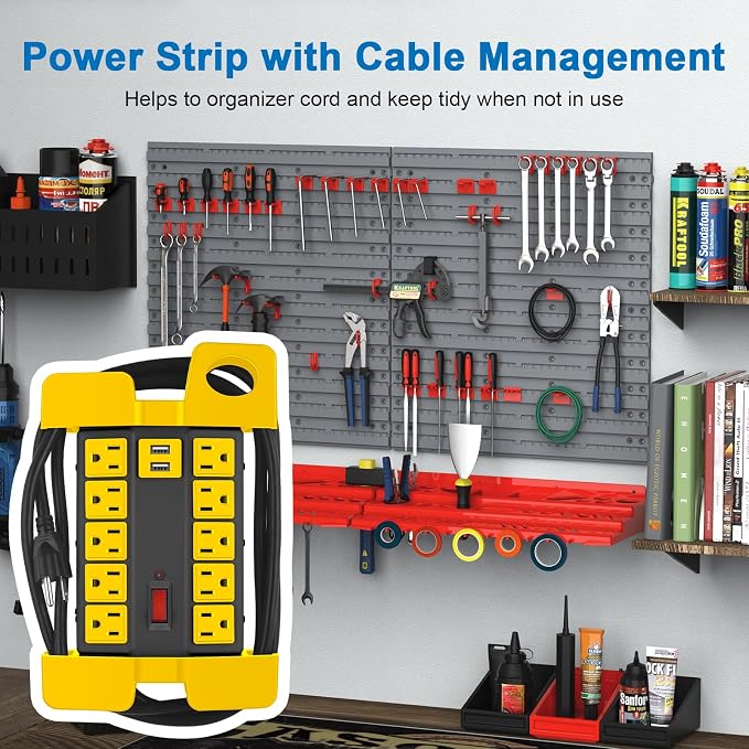 CCCEI Heavy Duty Power Strip with USB Ports, Garage 10 Outlets Surge Protector 2700 Joules, Industrial Workshop Metal 15Amp Multiple Outlets, 25 FT Extension Cord and Wide Spaced Black