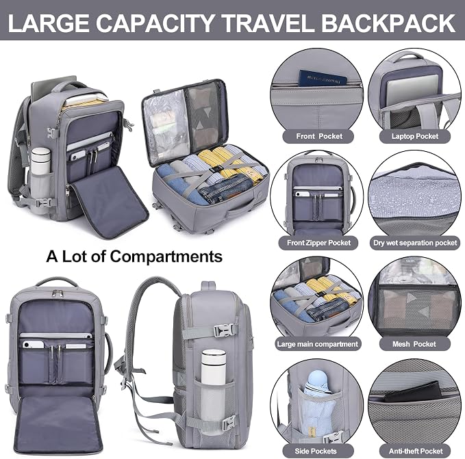 EZUOLA Personal Item Travel Backpack for Men Women,Carry On Backpack with Shoe Pouch, TSA 15.6inch Laptop Mochila Flight Approved,College Teacher Bag Casual Daypack for Hiking Outdoor Weekend,Grey