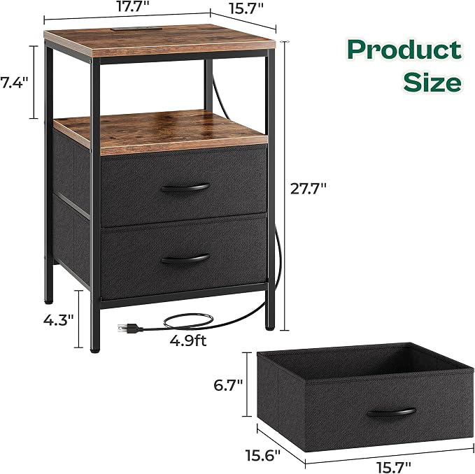 Huuger Night Stand with Charger Station, 27.7 Inch Tall Nightstand, Bed Side Table with 2 Fabric Drawers, Fabric Drawer Dresser for Bedroom, Living Room, Rustic Brown and Black