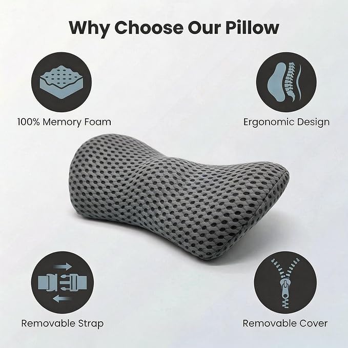 Memory Foam Lumbar Support Pillow with Detachable Adjustable Straps, Lower Back Cushion for Pain Relief, Breathable Washable Cover, for Office Chair Car Seat Recliner Bed