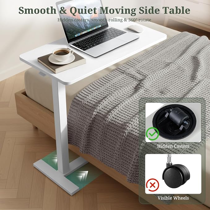 Mobile Standing Desk, Adjustable Height Desk with Hidden Casters, Portable Laptop Computer Table with Rolling Wheels, for Sit Stand Workstation, Compact and Sturdy for Home, Office, Dorm, White