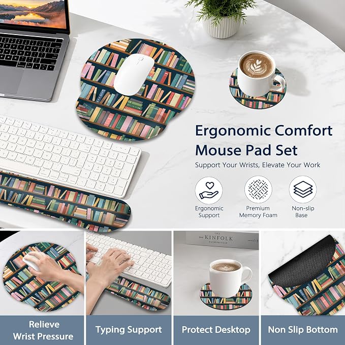 Bookshelf Ergonomic Keyboard and Mouse Wrist Rest Set, Library Book Mouse Pad with Non Slip Base, Soft Cloth Surface for Office and Home Typing Support