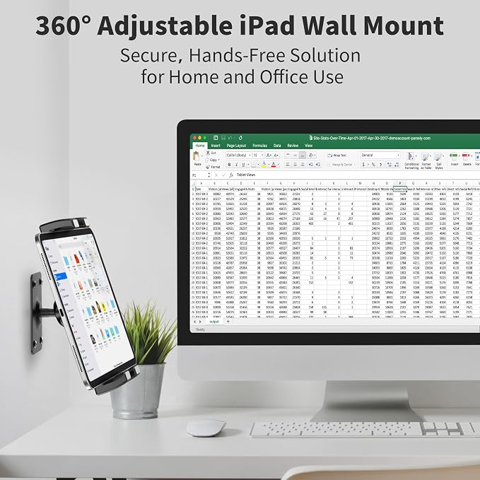 Tablet Wall Mount, 360° Rotating iPad Wall Mount Holder, Compatible with 4.7"-12.9" Tablets Including Phones, iPad Pro/Mini/Air, Samsung, Kindle, Galaxy Tab - Ideal for Gym, Kitchen, Work Use