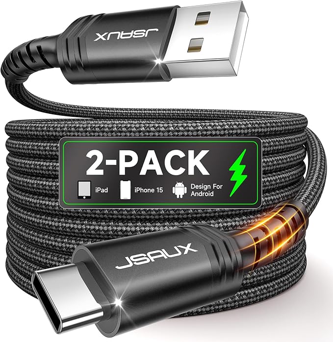 JSAUX USB C Cable [2-Pack 6.6ft], USB A to USB Cord Fast Charging for iPhone Air, iPhone 17, iPhone 17 Pro, iPhone 17 Pro Max, iPhone 16/iPhone 15 Series, Samsung S20 S10, Note 20 10,Car Play - Black
