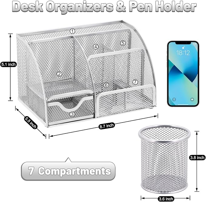 SYMDROMIA 13-in-1 Office Desk Organizer Set with Stapler and Tape Dispenser, Pen Holder, Scissors, Ruler, Hole Punch, 2 Pens & More Desktop Accessories for Back to School Supplies (Silver)