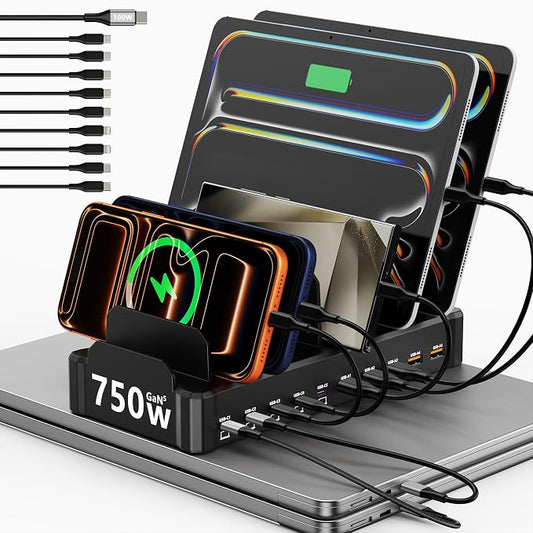750W Charging Station for Multiple Devices, Zobirez 10-Port Fast Charger, 5 USB-C 120W Each and 5 USB-A 30W Each, Desktop Charging Hub for Laptop Phone Tablet, Black