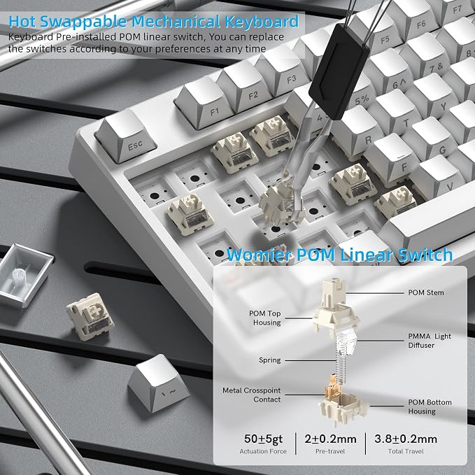 Womier 75% Wireless Mechanical Keyboard with Color Multimedia Screen PC Gaming Keyboard, 3-Modes Hot Swappable Shine Through Manga Key Board w/Wrist Rest, Gasket RGB Custom for Mac/Win (SK80 PRO