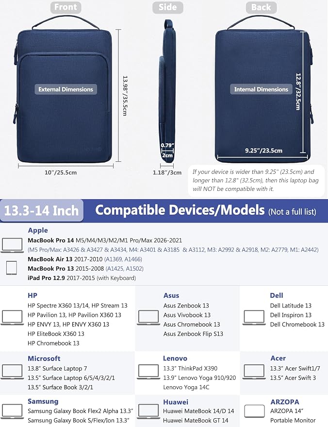 HYZUO 13.3-14 Inch Laptop Bag Sleeve for MacBook Pro 14 M5 M4 M3 M2 M1 Pro/Max A3426 A3427 2026-2021, MacBook Air/Pro 13.3, 13.8"-13.5" Surface Laptop/Book, Notebook Case for 13" Dell HP, Navy Blue