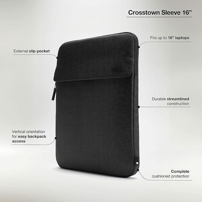 Incase Crosstown Sleeve with Woolenex - 16 Inch Laptop/MacBook Sleeve – Vertical Orientation, Cushioned Protection, Durable Construction, External Slip Pocket - Black
