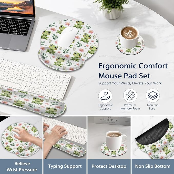 Cute Frog Wrist Rest Mouse Pad and Keyboard Support Set,Lotus Flower 3 in 1 Ergonomic Memory Foam Mousepad with Non Slip Base, Gaming Mouse Pad for Office and Home