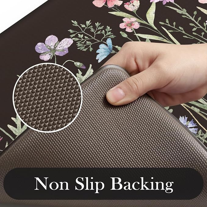 KIMODE Anti Fatigue Mats for Kitchen Floor 17"x47"+17"x29", Farmhouse Floral Kitchen Rugs Sets of 2, Cushioned Kitchen Floor Mats, Non Slip Standing Mat for Sink, Laundry, Office, Desk Black