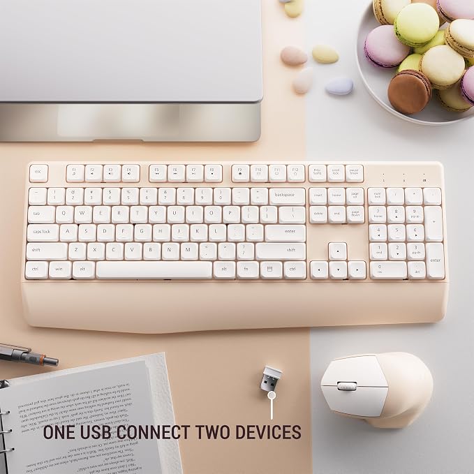 MPTOG Ergonomic Keyboard and Mouse Combo with Wrist Rest, BK Chipset, Full-Size Colorful Office Keyboard and Mouse, Power Button, USB Receiver for PC Laptop (Khaki White)
