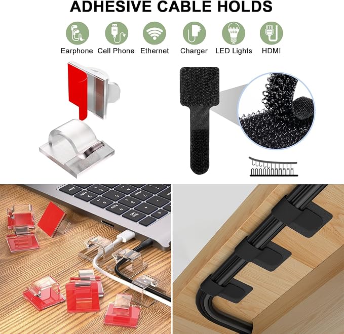 OneLeaf 48Pcs Silicone Cable Ties, Elastic Cord Ties for Cable Organizer, Reusable Wire Management, Cord Organizer Essentials, Multipurpose Cable Management for Travel/Portable/Office/Home Desk