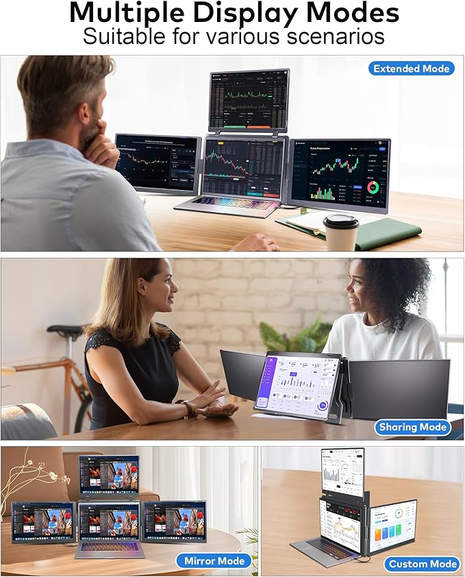 16" Triple Screen Portable Monitor for Laptop, FHD 1200P Laptop Screen Extender, 1 Cable for 3 Screens Quad Monitor, Extra Travel Computer Monitor for 12-18.5" Laptop, Fit for Win and Mac-S788 Pro