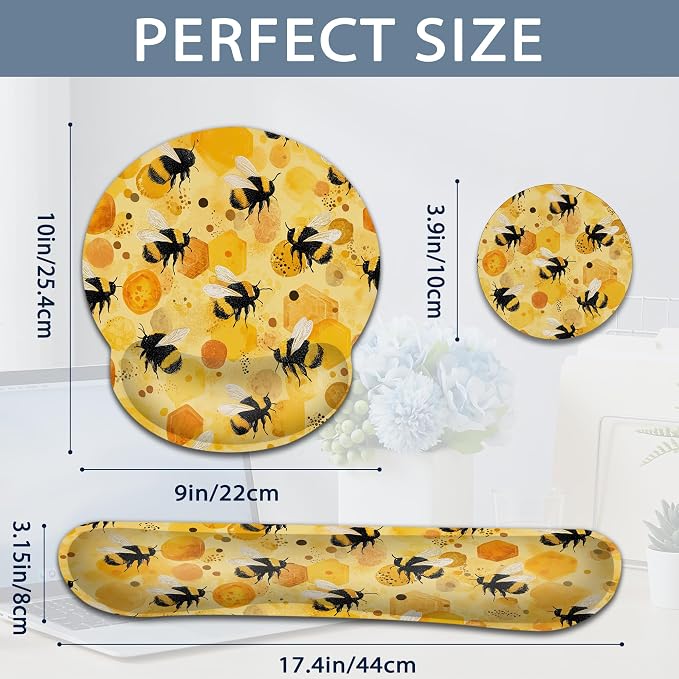 Ergonomic Keyboard and Mouse Wrist Rest Set, Cute Bee Mouse Pad with Non Slip Base, Soft Cloth Surface for Office and Home Typing Support