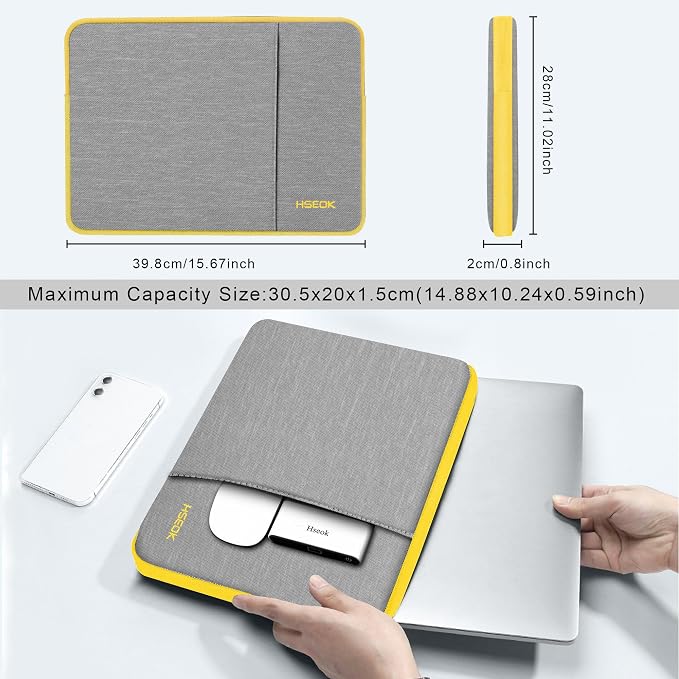 Hseok Laptop Sleeve 15.6 16 inch Case Compatible with MacBook Neo 16, MacBook Pro 16" M5/M4/M3/M2/M1, MacBook Air Pro 15", XPS 16, Most 15" 15.6" 16" Notebooks,Gray&Yellow