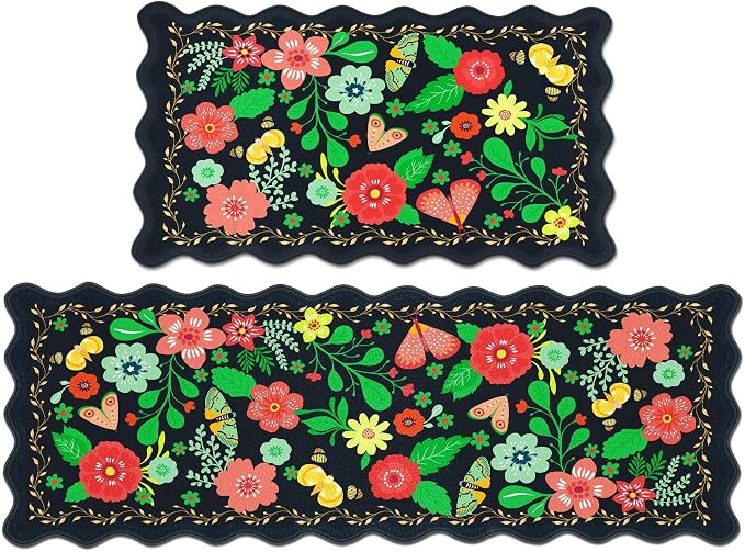 Arenarug Scalloped Black Kitchen Mats for Floor 2PC Cushioned Anti Fatigue Kitchen Mats Rugs Waterproof Non Slip Farmhouse Boho Floral Comfort Foam Standing Mat for Sink Laundry