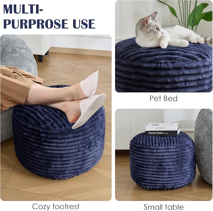 Round Ottoman,Corduroy Pouf Ottoman Foot Rest,Storage Footstool for Living Room,20x15 Soft Floor Poufs,Memory Foam Filling - Navy, 20x15 in