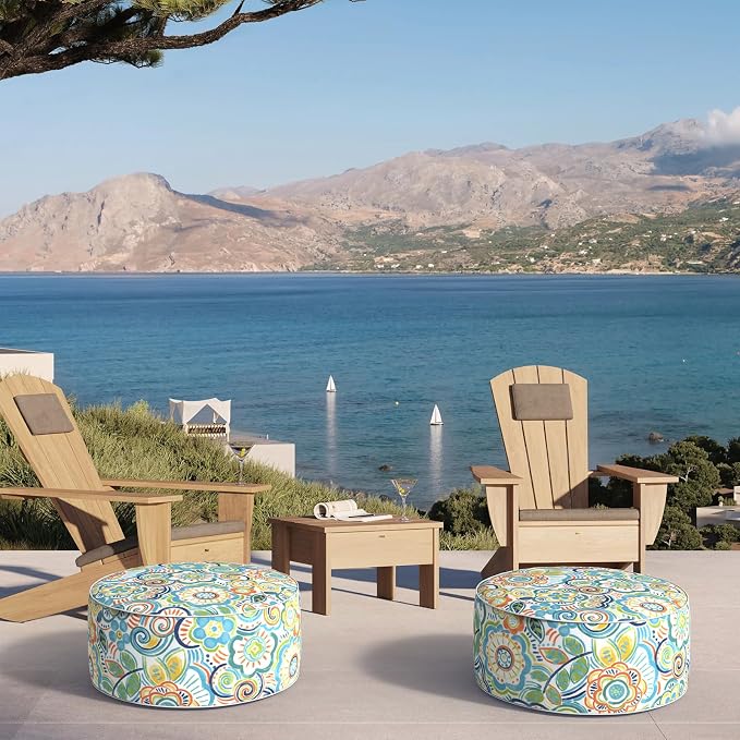 DYTXIII Inflatable Ottoman Stool D21 xH9 for Outdoor/Indoor Use, Water Repellent Patio Foot Rest Stool with Portable Handle,Round Pouf Ottoman Suitable for Garden,Deck and Camping - Flower Blue