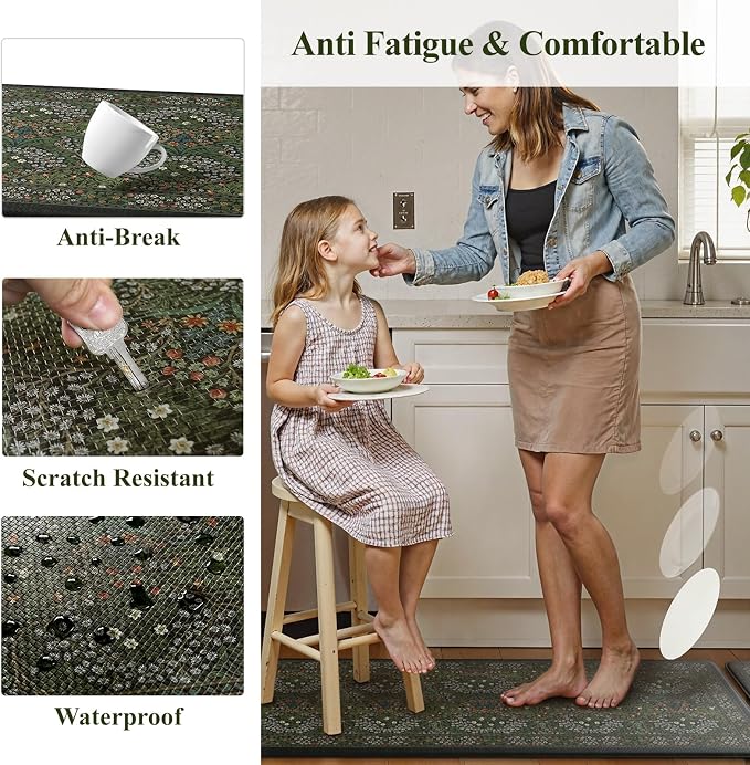 Collive Anti Fatigue Kitchen Rugs Sets of 2, Non Slip Waterproof Kitchen Mat Spring Vintage Floral Runner Rug, Ergonomic Comfort Desk Rugs for Floor, 20" x 47" + 20" x 32", Dark Green