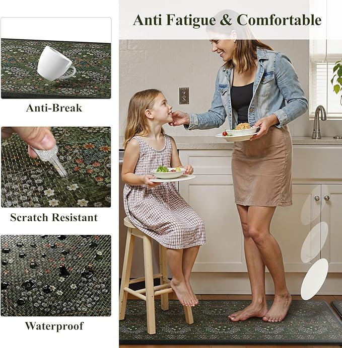 Collive Kitchen Mats for Floor, Cushioned Anti Fatigue Mat Dark Green Floral Rugs 2 Piece Non Skid Waterproof Sink Rug, Memory Foam Comfort Standing Mat for Office, Laundry, Desk