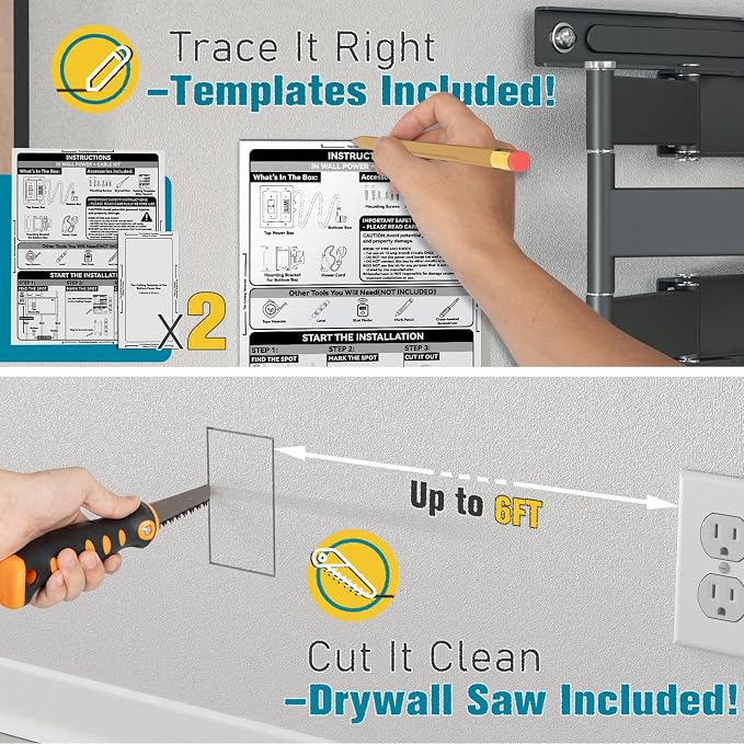 TV Cord Hider for Wall Mounted TV, in-Wall Cable Management Kit, Outlet Box– Dual Outlet Cord Hider with TypeC/USB Power Port & Low Voltage Support, Includes Drywall Saw, Template & Extension Cable
