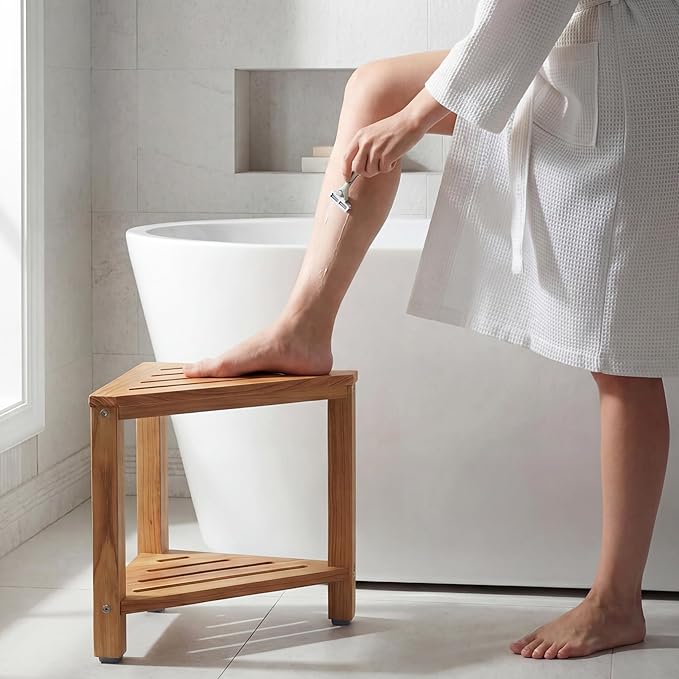 Teak Corner Shower Stool 15in, Wood Shower Bench Seat with Storage Shelf, Waterproof Shower Foot Stool for Shaving Legs, Ideal for Inside Shower or Bathroom