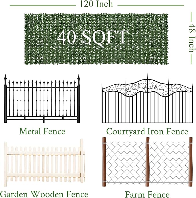 Artificial Ivy Privacy Fence Screen: 48"x 120" (40 Sqft) Anti-Ultraviolet Artificial Hedge Grass Wall, Used for Indoor and Outdoor Green Background, Garden Greening Decoration