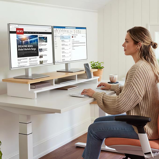 Monitor Stand Dual Monitor Stand Riser for Desk,Wood Desk Shelf Storage Organizer with Phone Tablet Holder (42.5 Inch, White & Natural Bamboo)