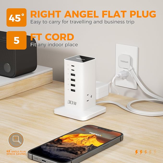 Charging Station for Multiple Devices, TESSAN 9-in-1 USB C Power Strip for iPhone 17/16/15, MacBook, Tablet, Desktop Phone Fast Charger with 3 AC, USB Charger, Home Drom Office Accessories, White-30W