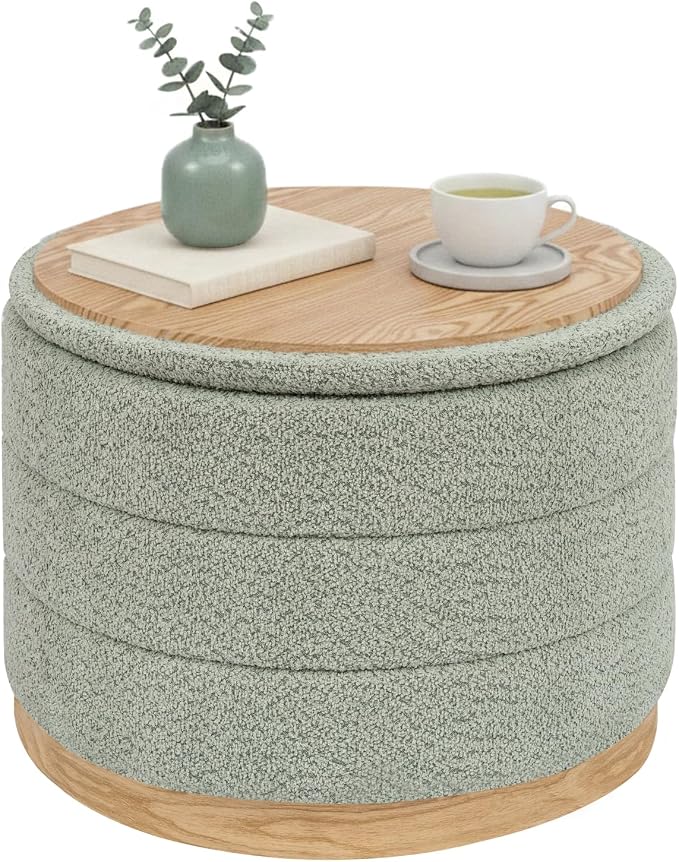 B FSOBEIIALEO Round Storage Ottoman with Tray, Folding Ottoman with Storage Coffee Table Foot Rest for Dorm Room Living Room Chenille Fabric,Sage Green,22.83"x22.83"x17.33"