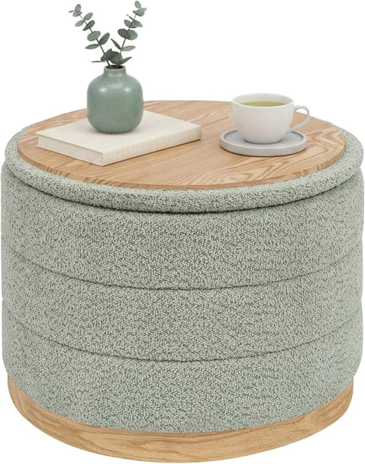 B FSOBEIIALEO Round Storage Ottoman with Tray, Folding Ottoman with Storage Coffee Table Foot Rest for Dorm Room Living Room Chenille Fabric,Sage Green,22.83"x22.83"x17.33"