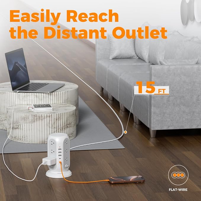 TESSAN Tower Power Strip with Individual Switches, Surge Protector with 12 Outlets, 5 USB Ports(2 USB C), Flat Extension Cord 15 Ft, 1250W, Charging Station for Multiple Devices, Office, Dorm, Grey