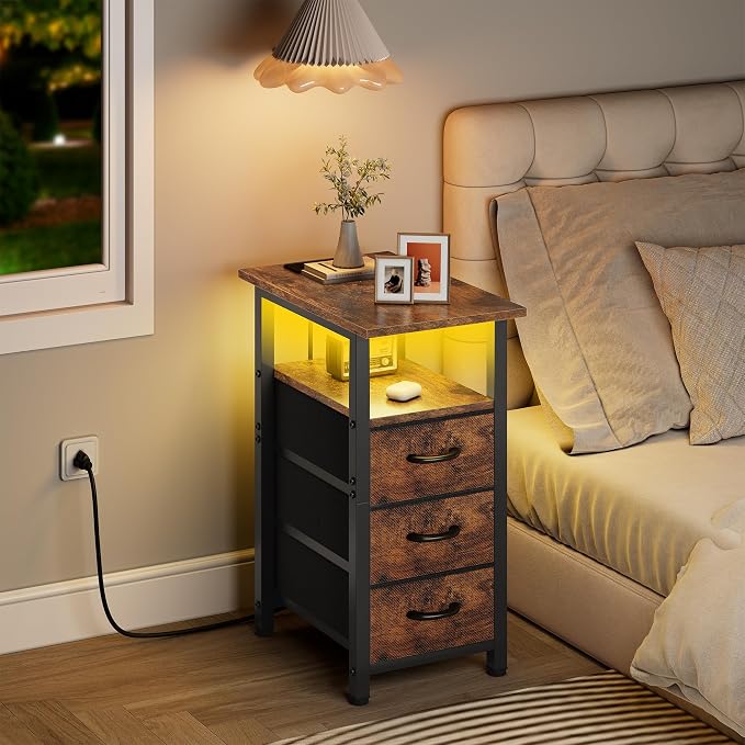 Vagusicc Set of 2 Nightstand with Charging Station and LED Lights, Narrow End Table, LED Nightstand with 3 Fabric Drawers for Bedroom, Narrow Side Table, Slim Sofa Side Table for Small Spaces, Brown