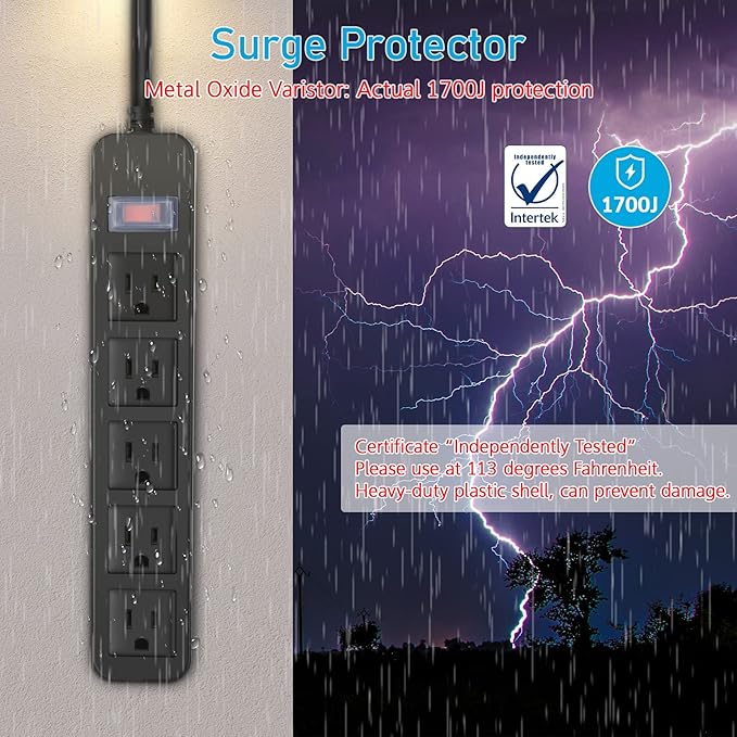 Outdoor Power Strip Waterproof with 5 Outlets, Garden Weatherproof Surge Protector, Christmas Multiple Outlet Exterior Socket for Lighting Appliances. 25FT Extension Cord Strip with Flat Plug. Black