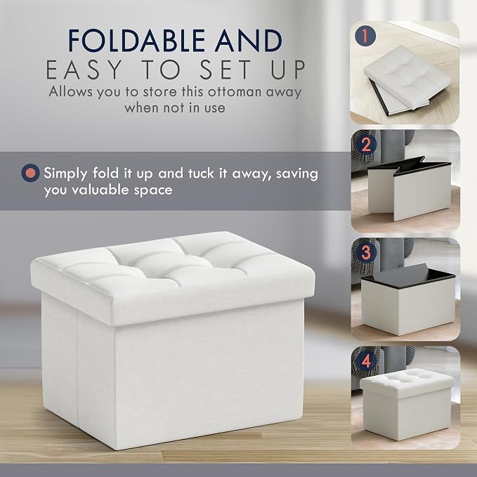 Ornavo Home Small Storage Ottoman, Set of 2, Foldable Collapsible Rectangle Linen Ottoman Foot Rest Stool Seat, for Living Room, Bedroom, Home Office, Dorm - 12 x 16 x 12, White
