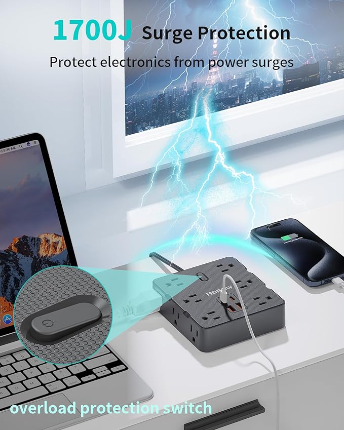 HOPOW 2 Prong Power Strip, 2 Prong to 3 Prong Outlet Adapter with 12 AC & 4 USB(2 USB-C), 1700J Two Prong Surge Protector, 6FT Extension Cord, Wall Mountable, Ideal for Old House Non-Grounded Outlets
