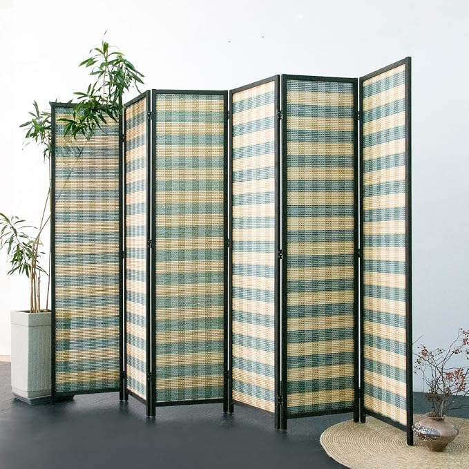 Furnnylane 6 Panel Bamboo Room Divider - 5.6 ft Tall (67" H x 94.5" W), Double-Sided Folding Privacy Screen in Blue Woven Stripe, No-Drill Freestanding Partition for Home Office & Bedroom