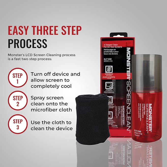 Monster Screen Cleaner Kit, 6.7 oz (200 mL), Microfiber Cloth, White/Black/Red, for HDTVs, Tablets, Laptops, Smartphones, Eyeglasses
