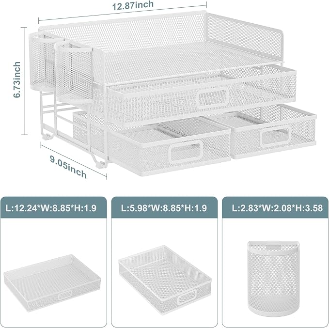 Marbrasse 3 Tier Mesh Desk Organizer with Drawer, Multi-Functional Desk Organizers and Accessories, Paper Letter Organizer with 2 Pen Holder for Home Office Supplies - White