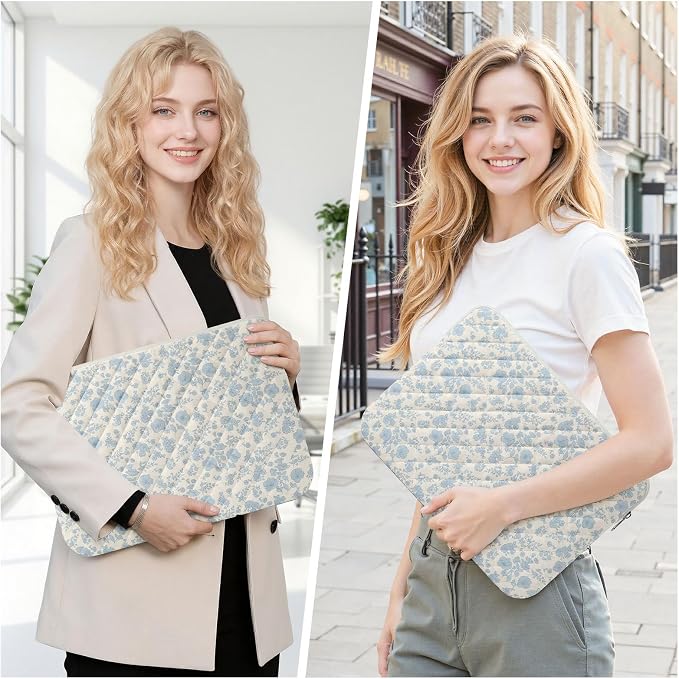 13-14 inch Cotton Quilted Laptop Sleeve for Women, Aesthetic Puffy Laptop Case Carrying Bag Compatible with MacBook Air/Pro 13/Pro 14, Soft Computer Liner Bag (Blue Floral, 13.3 inch)