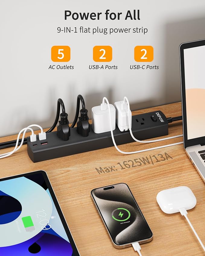 DEPOW Black Surge Protector Power Strip, Ultra Thin 5 Ft Flat Plug Extension Cord, 1700 Joules, 5 Widely Spaced Outlets with 4 USB Ports (2USB-C), 1625W/13A, Wall Mount for Home Office, Black