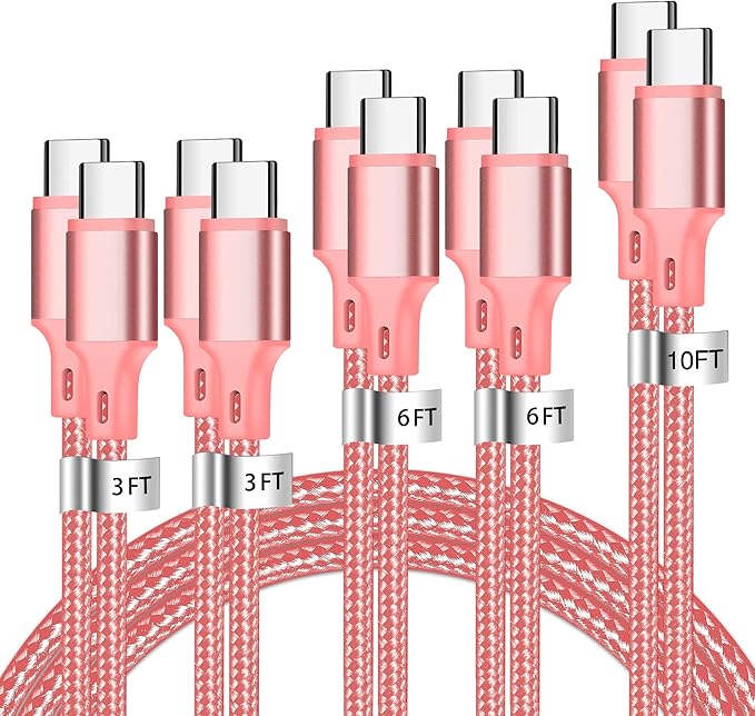 USB C to USB C Charger Cable, 5 Pack [3/3/6/6/10ft] Type C Fast Charging Cord High Data & Transfer Wire Compatible for iPhone 17/16/15 Plus/Pro Max iPad Pro Air Ps5 Controller Samsung Galaxy(Pink)