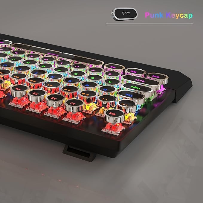 Typewriter Mechanical Gaming Keyboard and Mouse Combo, Retro Punk Round Keycaps RGB Rainbow Backlit Wired Keyboard for Game and Office, for Windows Laptop PC, Red Switches(Black)