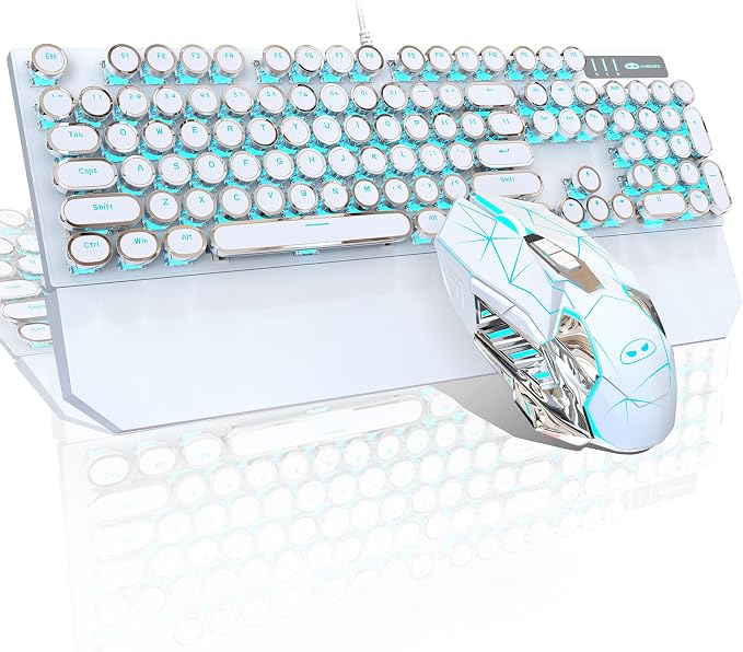 Typewriter Mechanical Gaming Keyboard and Mouse Combo, Retro Punk Round Keycaps RGB Rainbow Backlit Wired Keyboard for Game and Office, for Windows Laptop PC, Red Switches(White)