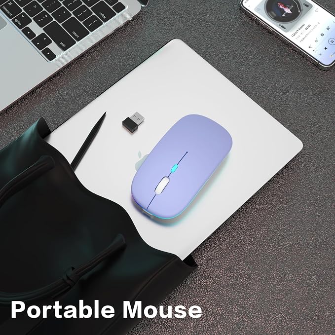 AIKOKOK Wireless Bluetooth Mouse, Rechargeable, Dual Mode Bluetooth 5.2 & 2.4G USB, LED Lights, Slim, Silent, Portable Computer Mouse for Laptop, PC, MacBook, iPad, Tablet (Purple)