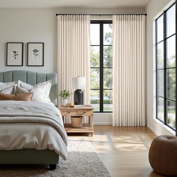 Memory Trained Pinch Pleated Curtains 108 Inches Long, Viral Linen Pinch Pleat Sheer Curtains with Ring Hooks&Clips for Track System Living Room, Warm Beige Light Filtering Privacy Curtain 2 Panel Set